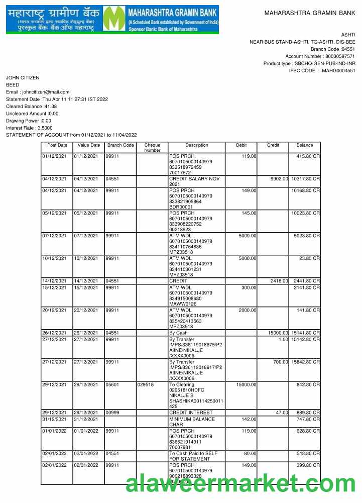 India Maharashtra bank statement template, Word and PDF format, 2 pages